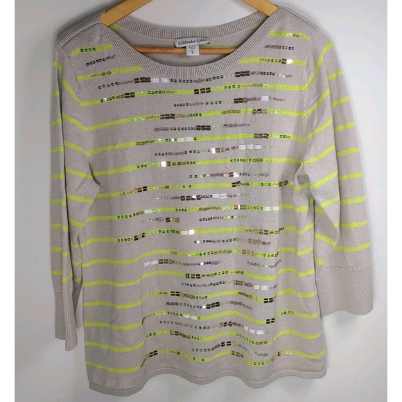 Coldwater Creek Sweaters - Coldwater Creek Sequin Stripe Sweater Women's XL 16 Beige Yellow Embellished